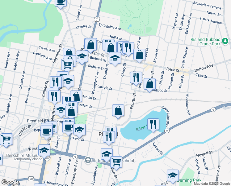 map of restaurants, bars, coffee shops, grocery stores, and more near 88 Lincoln Street in Pittsfield