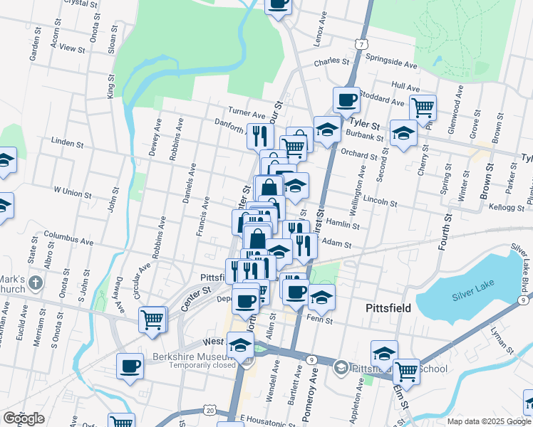 map of restaurants, bars, coffee shops, grocery stores, and more near 409 North Street in Pittsfield