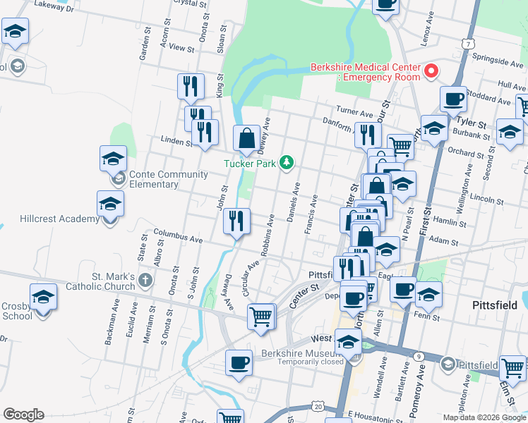 map of restaurants, bars, coffee shops, grocery stores, and more near 154 Dewey Avenue in Pittsfield