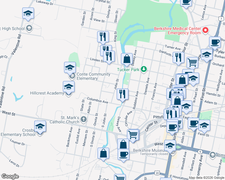 map of restaurants, bars, coffee shops, grocery stores, and more near 43 West Union Street in Pittsfield
