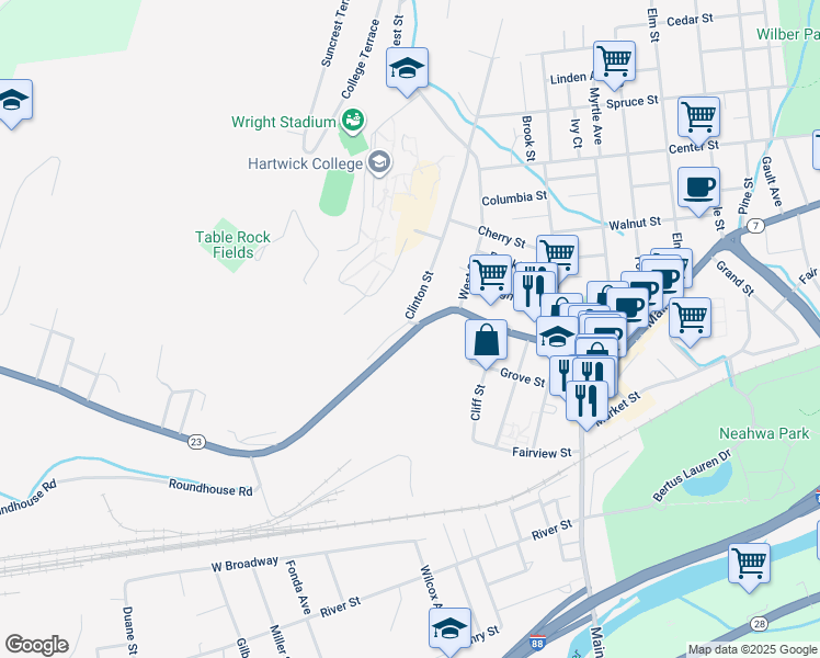 map of restaurants, bars, coffee shops, grocery stores, and more near 1 Clinton Street in Oneonta