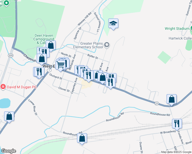 map of restaurants, bars, coffee shops, grocery stores, and more near 6-10 West End Avenue in Oneonta