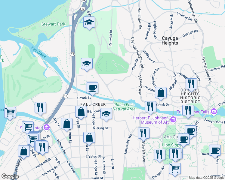 map of restaurants, bars, coffee shops, grocery stores, and more near 123 Kline Road in Ithaca