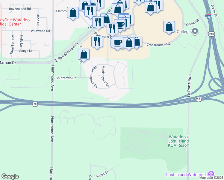 map of restaurants, bars, coffee shops, grocery stores, and more near 1512 Hummingbird Circle in Waterloo