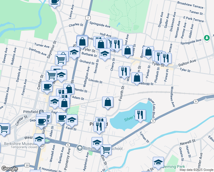 map of restaurants, bars, coffee shops, grocery stores, and more near 111 Lincoln Street in Pittsfield
