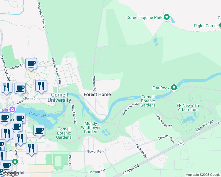 map of restaurants, bars, coffee shops, grocery stores, and more near 130 Crest Lane in Ithaca
