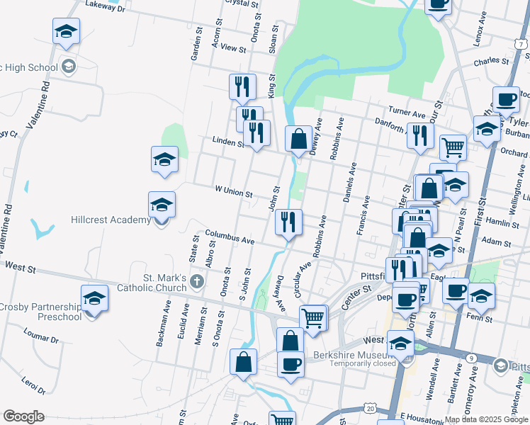 map of restaurants, bars, coffee shops, grocery stores, and more near 43 West Union Street in Pittsfield
