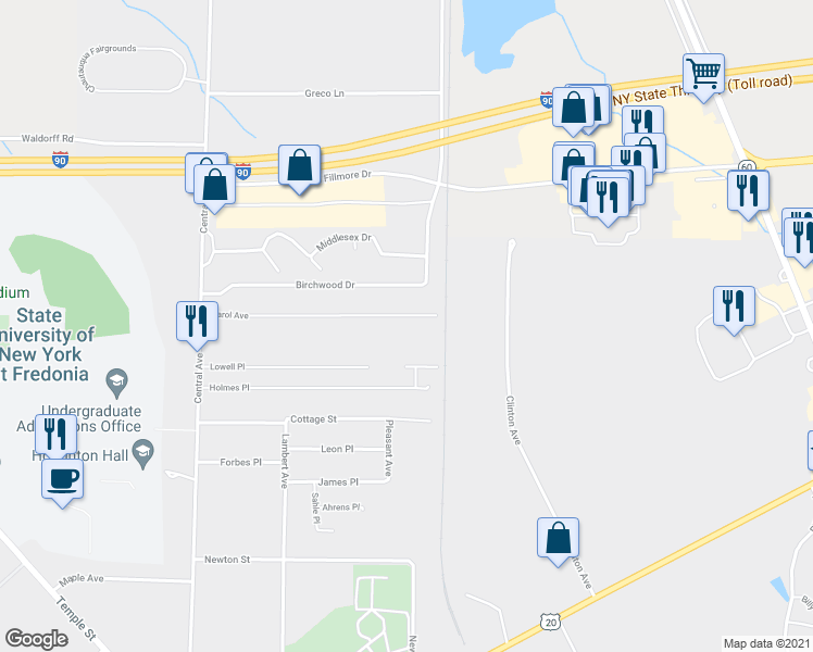 map of restaurants, bars, coffee shops, grocery stores, and more near 39 Carol Avenue in Fredonia