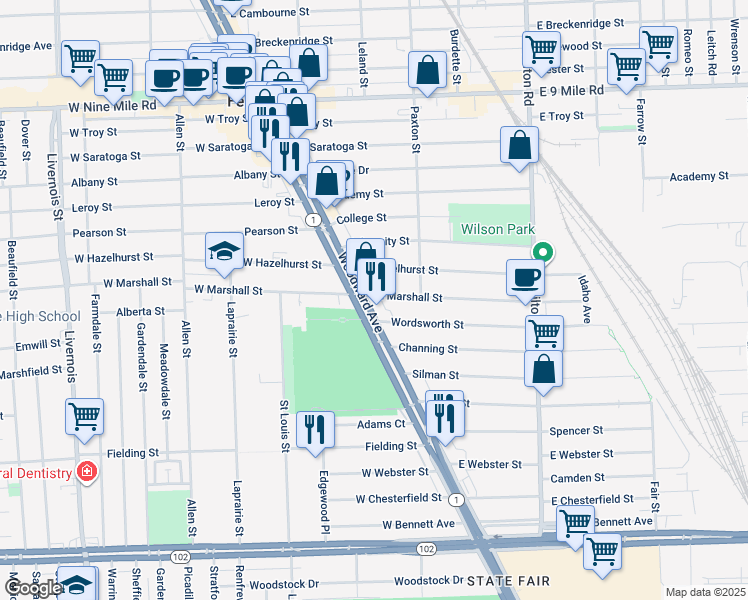 map of restaurants, bars, coffee shops, grocery stores, and more near 22000 Woodward Avenue in Ferndale