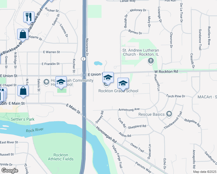 map of restaurants, bars, coffee shops, grocery stores, and more near 1050 East Union Street in Rockton