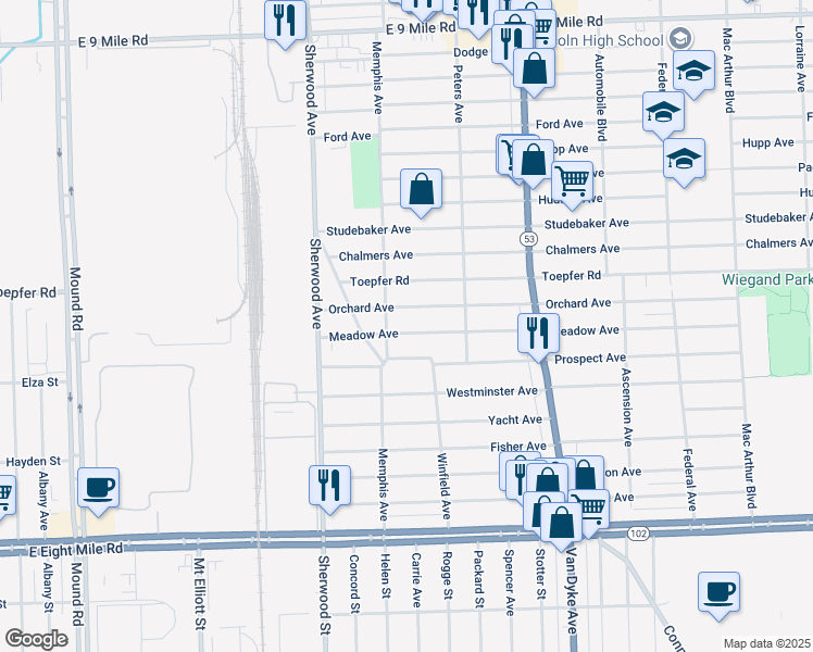 map of restaurants, bars, coffee shops, grocery stores, and more near 7052 Orchard Avenue in Warren