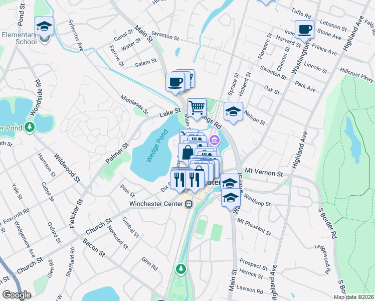 map of restaurants, bars, coffee shops, grocery stores, and more near 643 Main Street in Winchester
