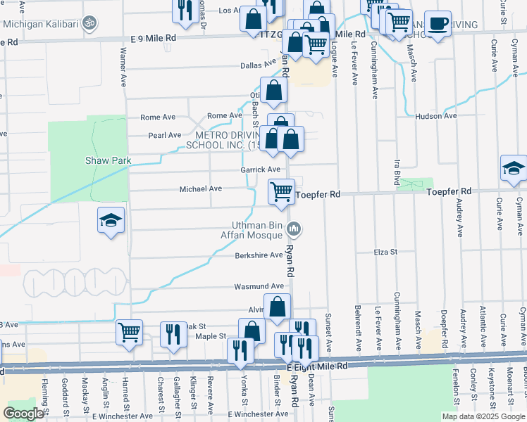 map of restaurants, bars, coffee shops, grocery stores, and more near 3926 Toepfer Road in Warren