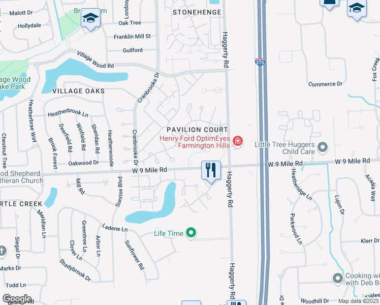 map of restaurants, bars, coffee shops, grocery stores, and more near 22515 Trillium Drive in Novi
