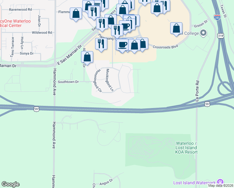 map of restaurants, bars, coffee shops, grocery stores, and more near 1512 Hummingbird Circle in Waterloo