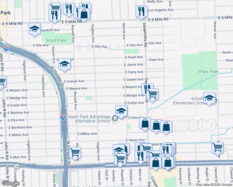map of restaurants, bars, coffee shops, grocery stores, and more near 1557 East Madge Avenue in Hazel Park