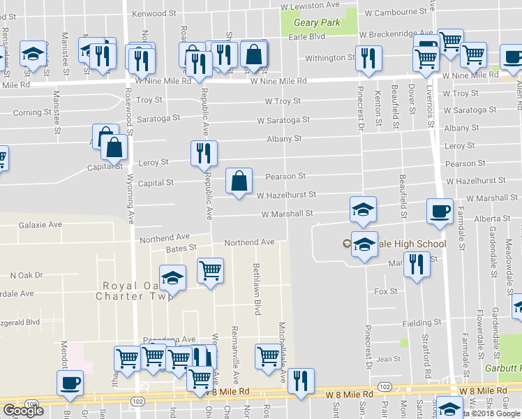 map of restaurants, bars, coffee shops, grocery stores, and more near 1486 W Marshall St in Ferndale