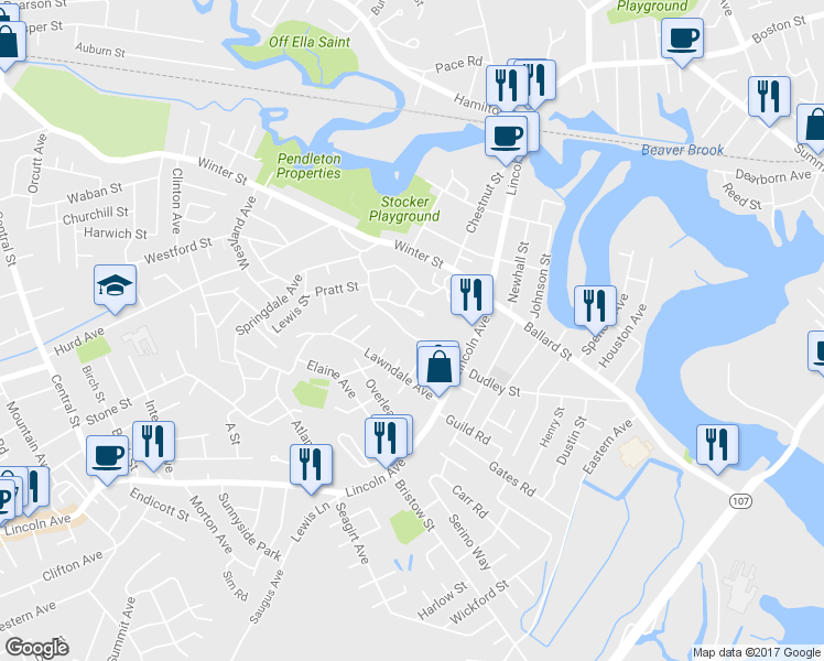 map of restaurants, bars, coffee shops, grocery stores, and more near 36 Grandview Avenue in Saugus