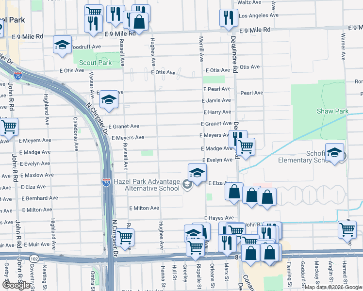 map of restaurants, bars, coffee shops, grocery stores, and more near 1557 East Madge Avenue in Hazel Park