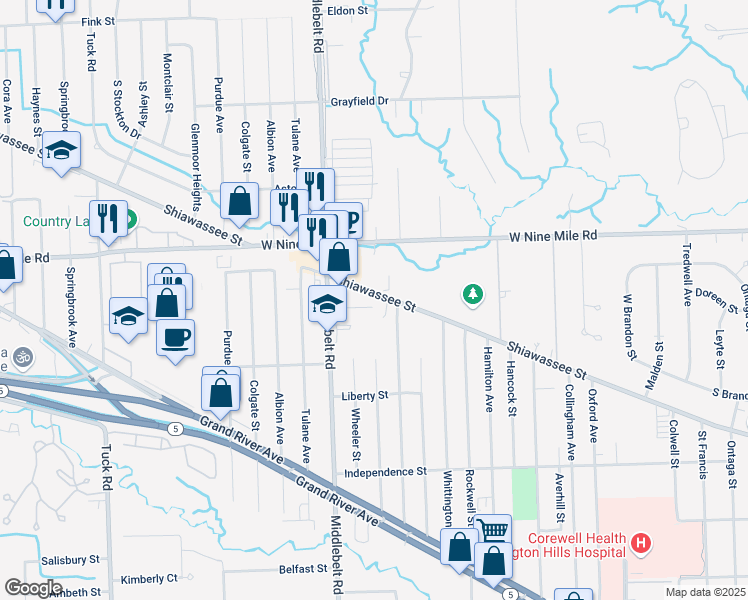 map of restaurants, bars, coffee shops, grocery stores, and more near 29341 Shiawassee Street in Farmington Hills