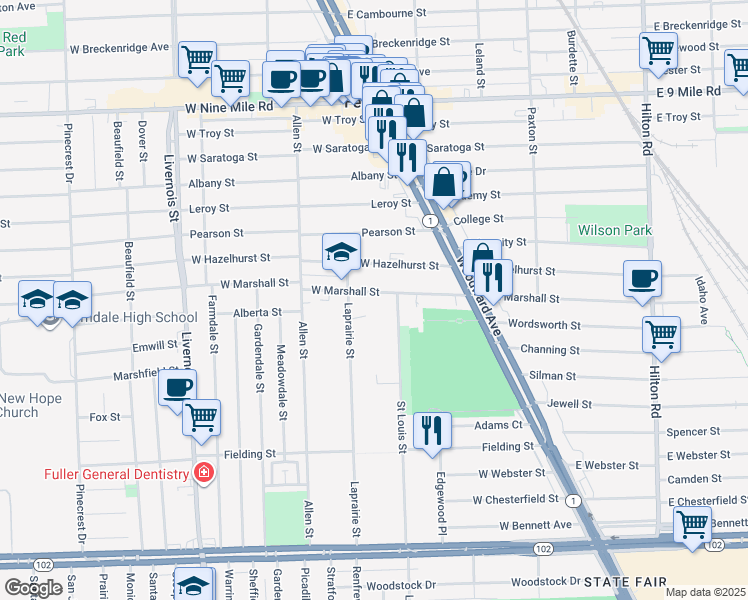 map of restaurants, bars, coffee shops, grocery stores, and more near 333 West Marshall Street in Ferndale