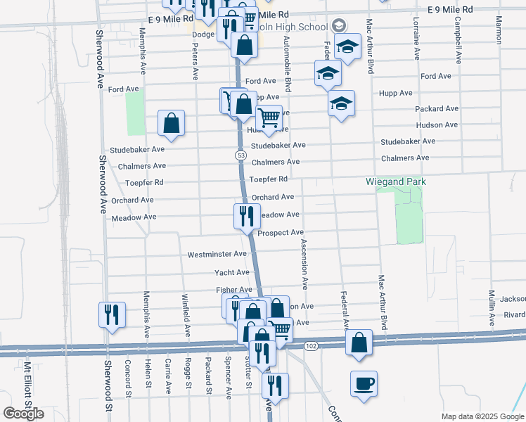 map of restaurants, bars, coffee shops, grocery stores, and more near 8037 Meadow Avenue in Warren