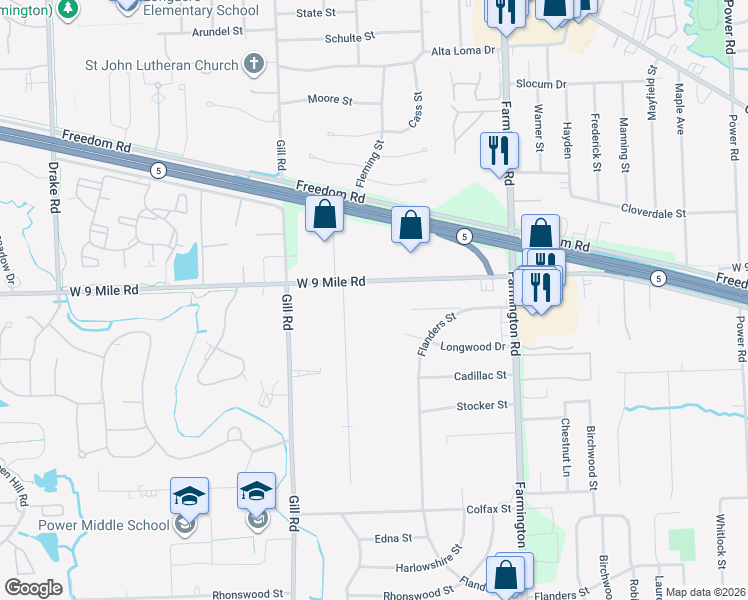 map of restaurants, bars, coffee shops, grocery stores, and more near 34037 West 9 Mile Road in Farmington
