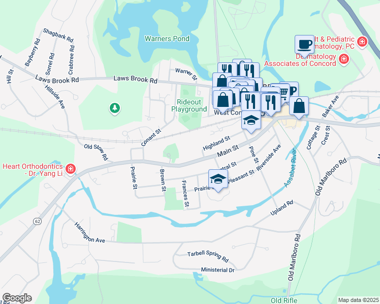 map of restaurants, bars, coffee shops, grocery stores, and more near 1450 Main Street in Concord