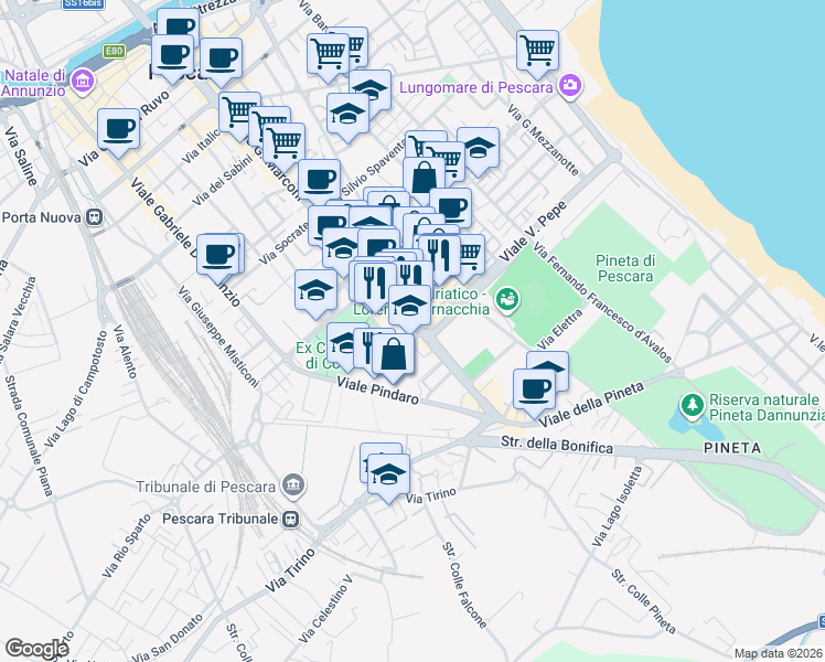 map of restaurants, bars, coffee shops, grocery stores, and more near 304 Viale Guglielmo Marconi in Pescara
