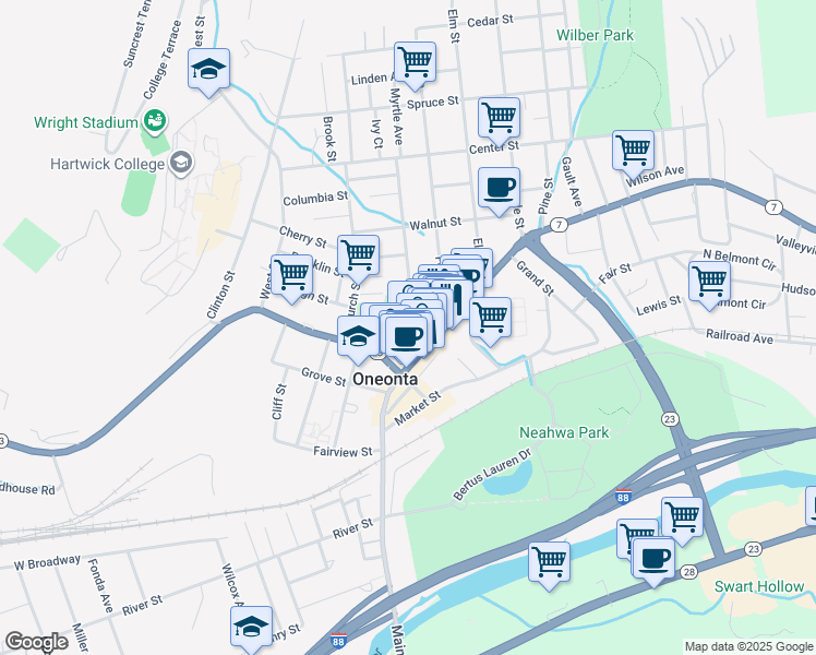 map of restaurants, bars, coffee shops, grocery stores, and more near 11 Dietz Street in Oneonta