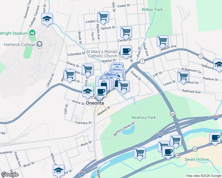 map of restaurants, bars, coffee shops, grocery stores, and more near 215 Main Street in Oneonta