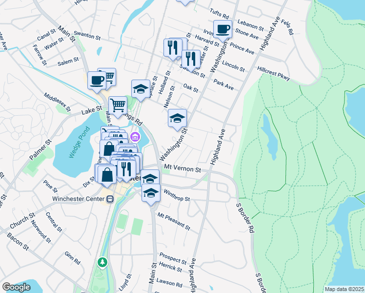 map of restaurants, bars, coffee shops, grocery stores, and more near 155 Washington Street in Winchester