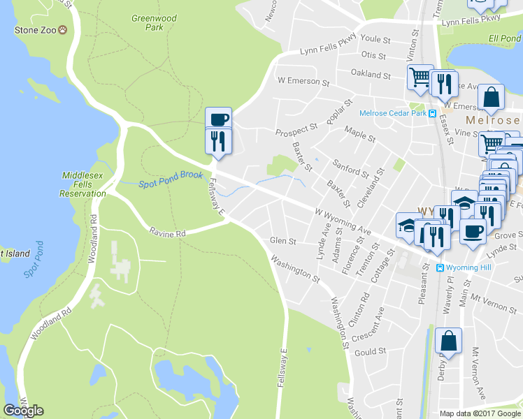 map of restaurants, bars, coffee shops, grocery stores, and more near 32 Ravine Road in Stoneham