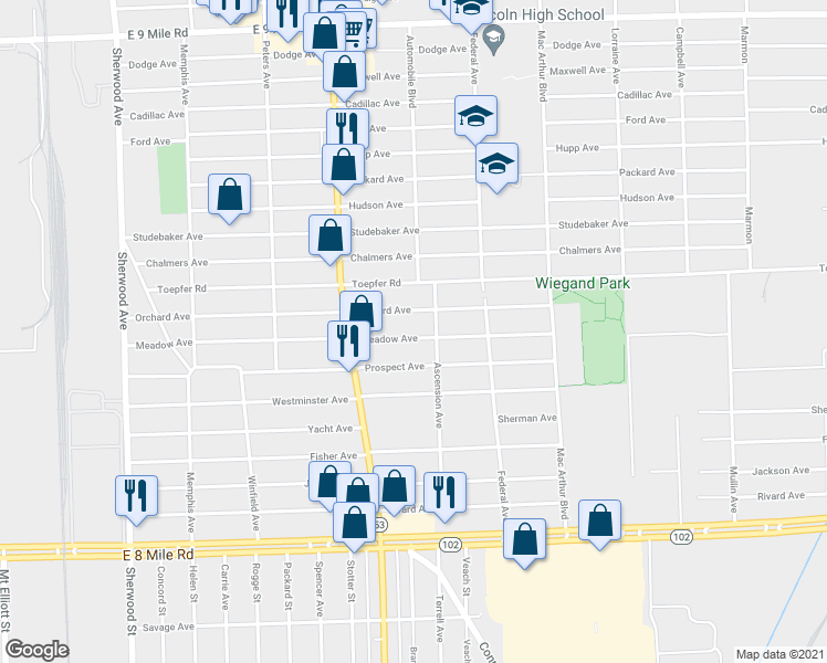 map of restaurants, bars, coffee shops, grocery stores, and more near 8125 Meadow Avenue in Warren