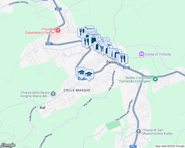 map of restaurants, bars, coffee shops, grocery stores, and more near Strada Statale 81 in Penne