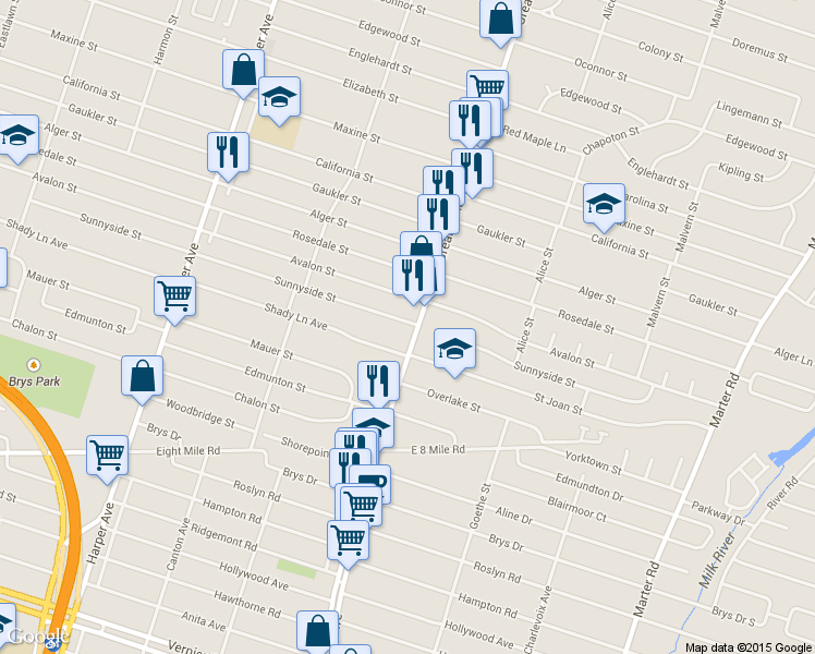 map of restaurants, bars, coffee shops, grocery stores, and more near 21731 Greater Mack Ave in St Clair Shores