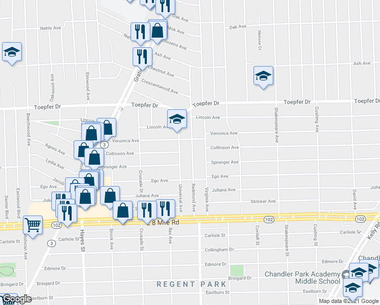 map of restaurants, bars, coffee shops, grocery stores, and more near 21255 Redmond Avenue in Eastpointe