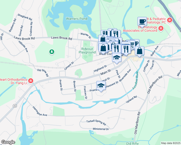 map of restaurants, bars, coffee shops, grocery stores, and more near 1450 Main Street in Concord