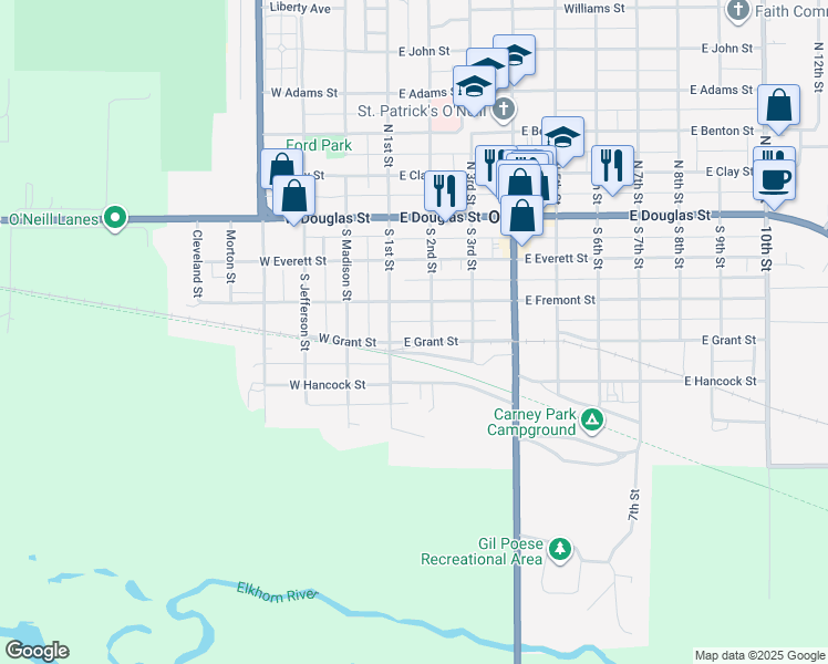 map of restaurants, bars, coffee shops, grocery stores, and more near 100-198 East Grant Street in O'Neill
