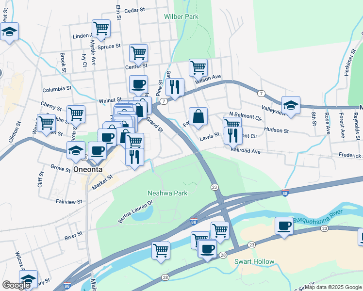 map of restaurants, bars, coffee shops, grocery stores, and more near 35 Grand Street in Oneonta