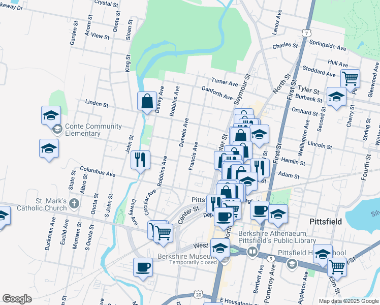 map of restaurants, bars, coffee shops, grocery stores, and more near 179 Francis Ave in Pittsfield