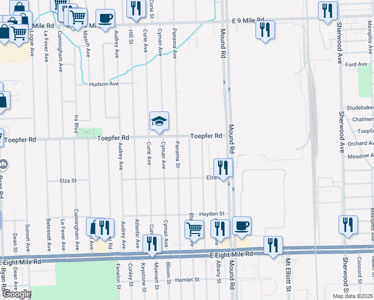 map of restaurants, bars, coffee shops, grocery stores, and more near 21545 Blackmar Avenue in Warren