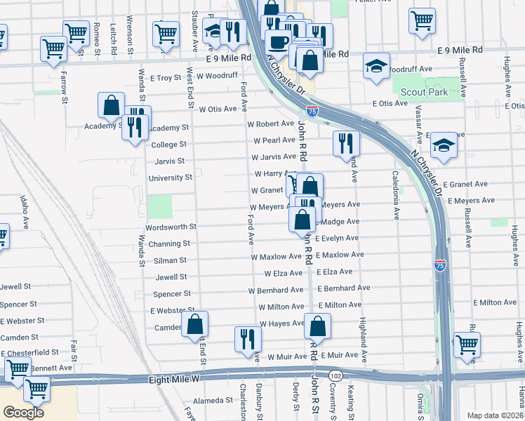 map of restaurants, bars, coffee shops, grocery stores, and more near 141 West Meyers Avenue in Hazel Park