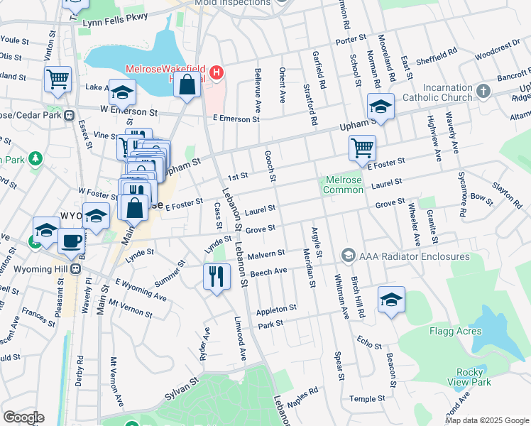 map of restaurants, bars, coffee shops, grocery stores, and more near 29 Laurel Street in Melrose