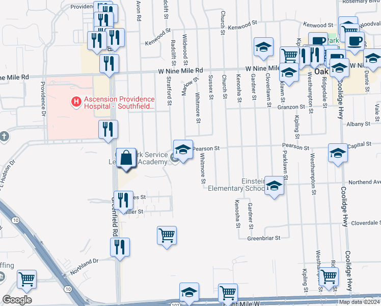 map of restaurants, bars, coffee shops, grocery stores, and more near 15001 Pearson Street in Oak Park