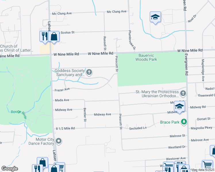 map of restaurants, bars, coffee shops, grocery stores, and more near 21315 Frazer Avenue in Southfield