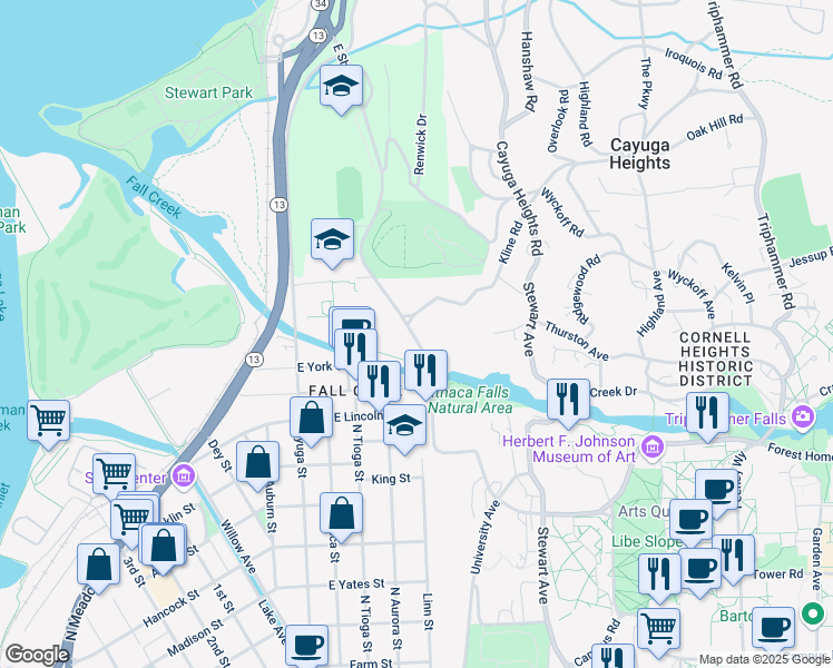 map of restaurants, bars, coffee shops, grocery stores, and more near 409 Lake Street in Ithaca