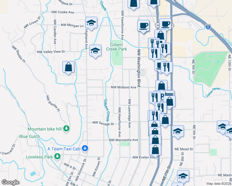 map of restaurants, bars, coffee shops, grocery stores, and more near 1434 Northwest Hawthorne Avenue in Grants Pass