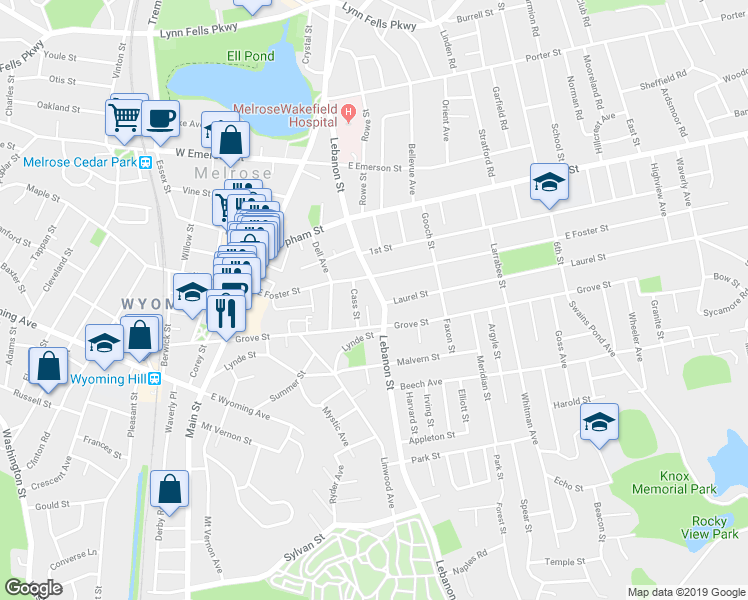 map of restaurants, bars, coffee shops, grocery stores, and more near 431 Lebanon Street in Melrose