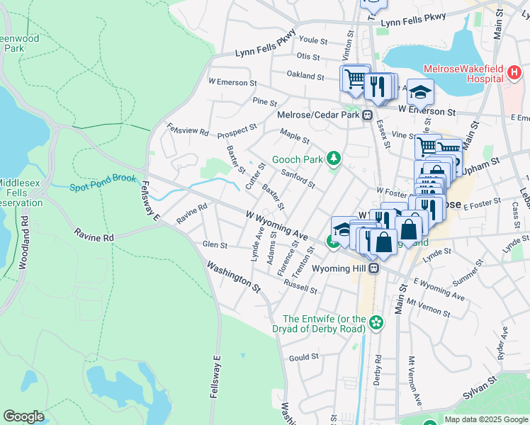 map of restaurants, bars, coffee shops, grocery stores, and more near 189 West Wyoming Avenue in Melrose